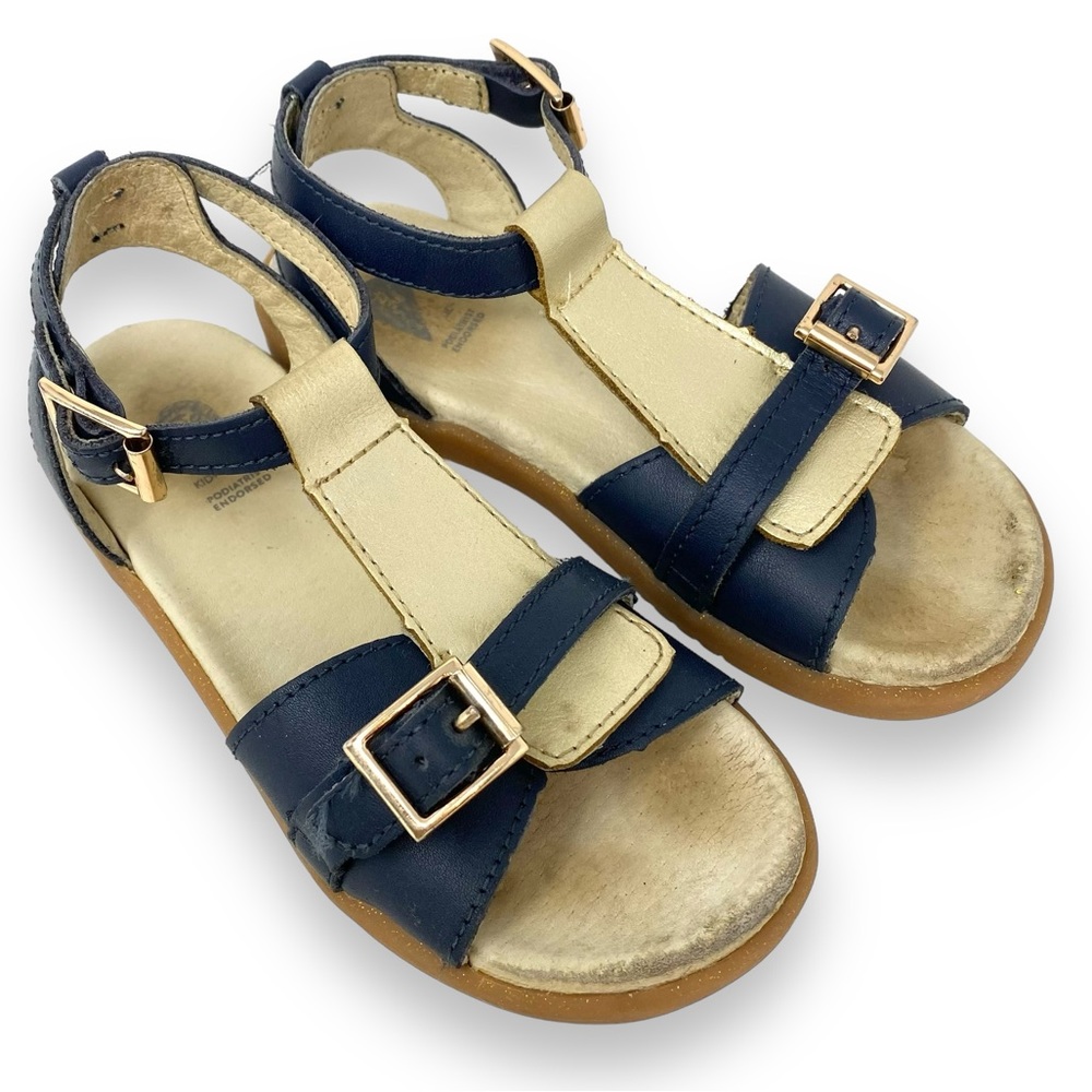 Girls BOBUX Hera Leather Buckle Sandals Navy+Misty Gold Kids Size EU 27 | US 10